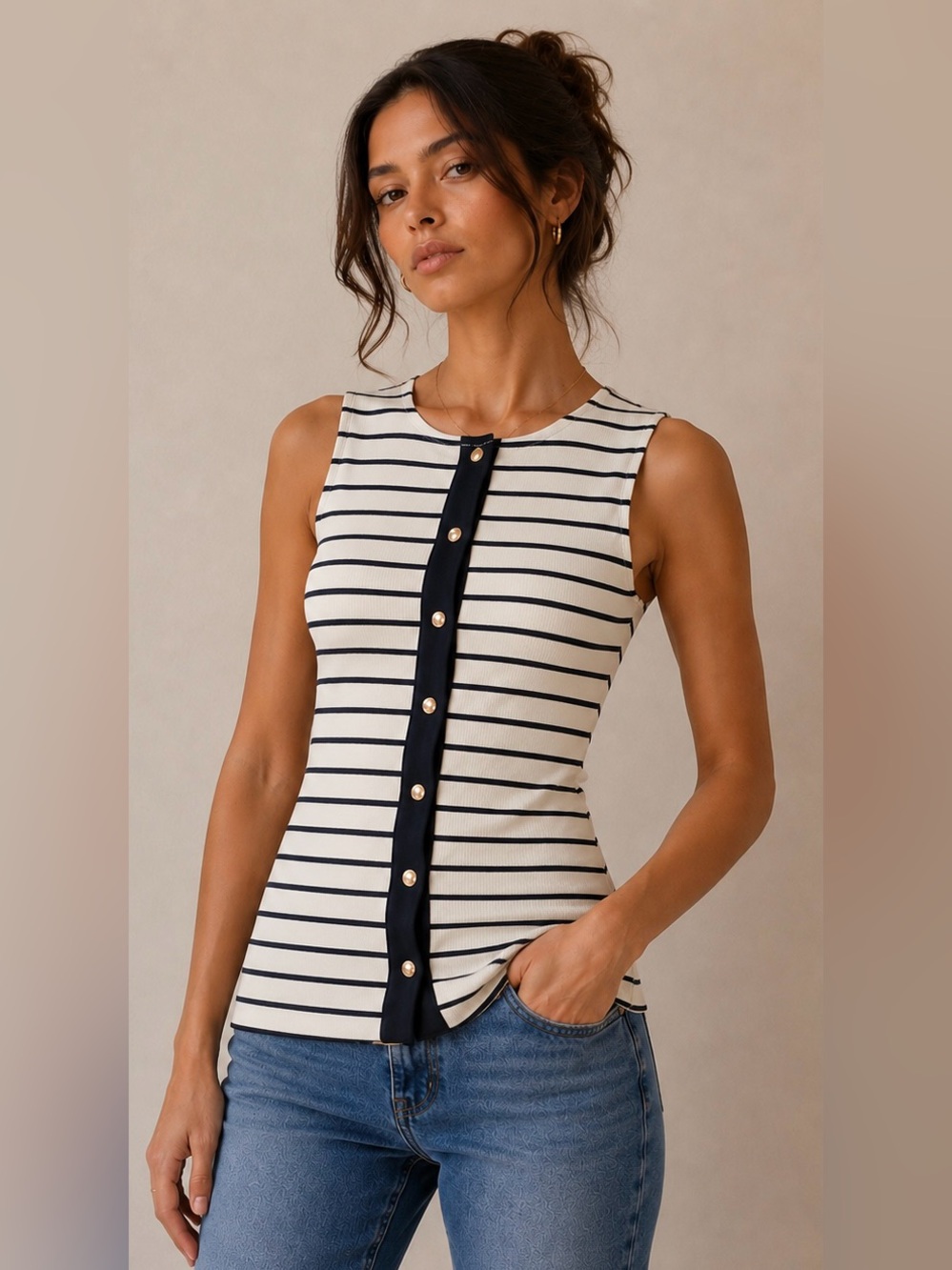 Sleeveless Striped Rib Tank with Faux Center Button Front Trim (New/Unworn)